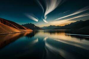 une longue exposition photographier de une Montagne Lac à le coucher du soleil. généré par ai photo