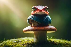 une petit grenouille est assis sur Haut de une champignon. généré par ai photo