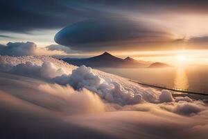 une grand nuage plus de le océan avec une Soleil brillant. généré par ai photo