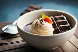 une bol de Chocolat avec la glace crème et une fraise. généré par ai photo