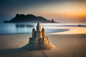 une le sable Château sur le plage à le coucher du soleil. généré par ai photo