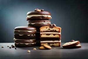 Chocolat gâteau avec cacahuète beurre et Chocolat Glaçage sur foncé Contexte. généré par ai photo