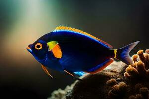 une bleu et Jaune poisson avec Orange yeux. généré par ai photo