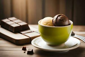 Chocolat la glace crème et Chocolat bar dans une Coupe. généré par ai photo