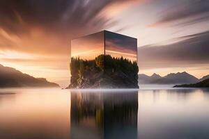 une cube dans le milieu de une Lac avec montagnes dans le Contexte. généré par ai photo