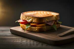 une grillé sandwich avec jambon et tomates sur une en bois Coupe planche. généré par ai photo