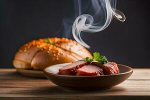 une bol de Viande et pain sur une tableau. généré par ai photo