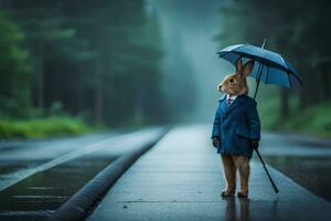 une lapin dans une costume en portant un parapluie. généré par ai photo