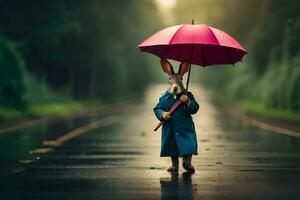 une lapin dans une bleu manteau en portant un parapluie. généré par ai photo
