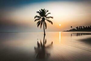 une seul paume arbre des stands sur le plage à le coucher du soleil. généré par ai photo