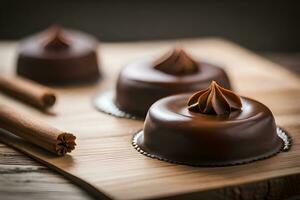 Chocolat desserts sur une en bois Coupe planche. généré par ai photo