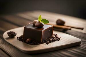 Chocolat gâteau avec des noisettes et épices sur une en bois Coupe planche. généré par ai photo