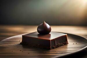 une pièce de Chocolat gâteau sur une en bois plaque. généré par ai photo