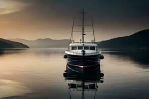 une bateau est flottant dans le l'eau à le coucher du soleil. généré par ai photo