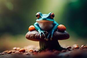 une grenouille séance sur Haut de une champignon. généré par ai photo