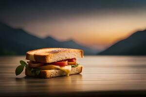 une sandwich avec fromage et tomates sur une en bois tableau. généré par ai photo