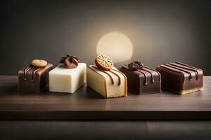 une groupe de quatre différent les types de des chocolats. généré par ai photo
