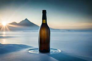 une bouteille de du vin est assis sur le neige dans de face de une Montagne. généré par ai photo