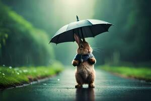 une lapin est permanent en dessous de un parapluie dans le pluie. généré par ai photo