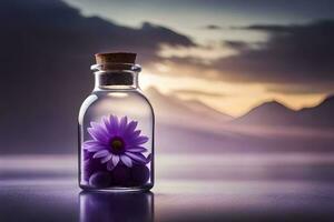 une bouteille avec violet fleurs séance sur Haut de une tableau. généré par ai photo