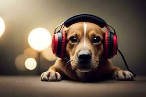 une chien portant écouteurs sur une foncé Contexte. généré par ai photo