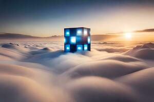 une cube séance dans le milieu de une nuage couvert champ. généré par ai photo