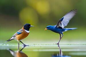 deux des oiseaux permanent sur le l'eau avec leur ailes diffuser. généré par ai photo