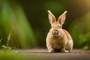 une lapin séance sur le sol dans de face de une vert champ. généré par ai photo