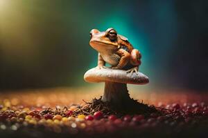 une grenouille séance sur Haut de une champignon. généré par ai photo