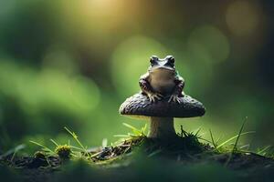 une grenouille séance sur Haut de une champignon dans le forêt. généré par ai photo