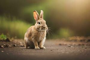 une lapin séance sur le route dans de face de une vert Contexte. généré par ai photo