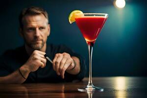 homme en portant une cocktail verre avec une rouge boire. généré par ai photo