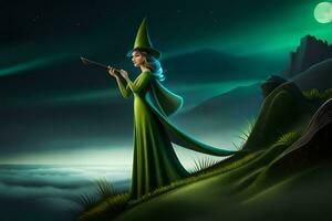 une femme dans vert robe en portant une baguette magique. généré par ai photo
