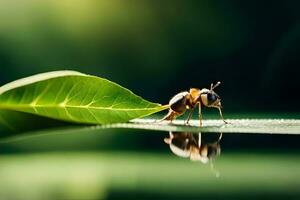 une punaise sur une feuille avec l'eau et vert Contexte. généré par ai photo