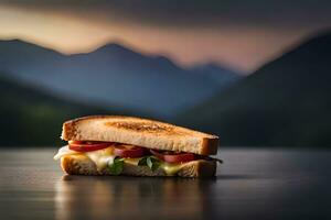 une sandwich avec fromage et tomates sur une tableau. généré par ai photo