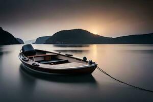 une bateau est séance sur le l'eau à le coucher du soleil. généré par ai photo