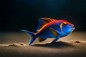 une coloré poisson est permanent sur le sable. généré par ai photo