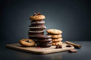 une empiler de biscuits et Chocolat frites sur une Coupe planche. généré par ai photo