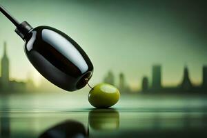 olive pétrole égouttage de une bouteille dans une verre. généré par ai photo