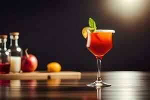 cocktail avec rouge liquide sur une en bois tableau. généré par ai photo