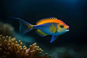 une coloré poisson avec bleu et Orange rayures. généré par ai photo