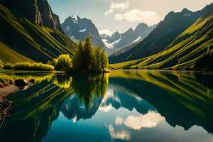 une Lac entouré par montagnes et des arbres. généré par ai photo