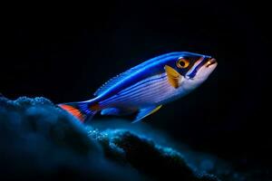 une bleu et blanc poisson avec une rouge queue. généré par ai photo