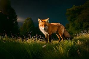 une Renard des stands dans le herbe à nuit. généré par ai photo