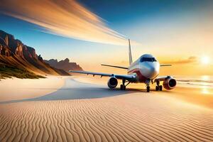 un avion est garé sur le plage à le coucher du soleil. généré par ai photo