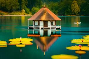 une petit maison est assis sur le bord de une lac. généré par ai photo