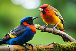 deux coloré des oiseaux séance sur une branche. généré par ai photo