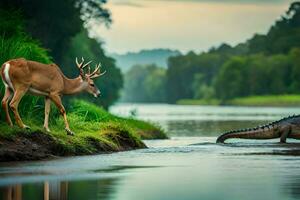 une cerf et un alligator dans le l'eau. généré par ai photo