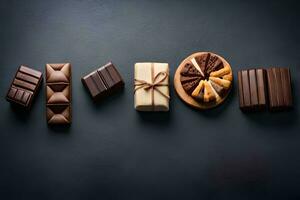 Chocolat bars arrangé dans le forme de le mot 'chocolat'. généré par ai photo