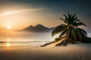 une paume arbre sur une plage à le coucher du soleil. généré par ai photo